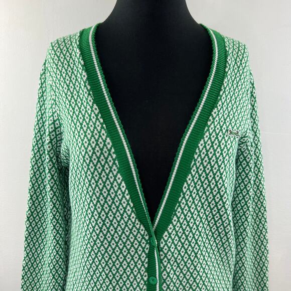 LE TIGRE Green White Diamond Print Cotton V-Neck Button Down Cardigan Sweater XL - Picture 3 of 11